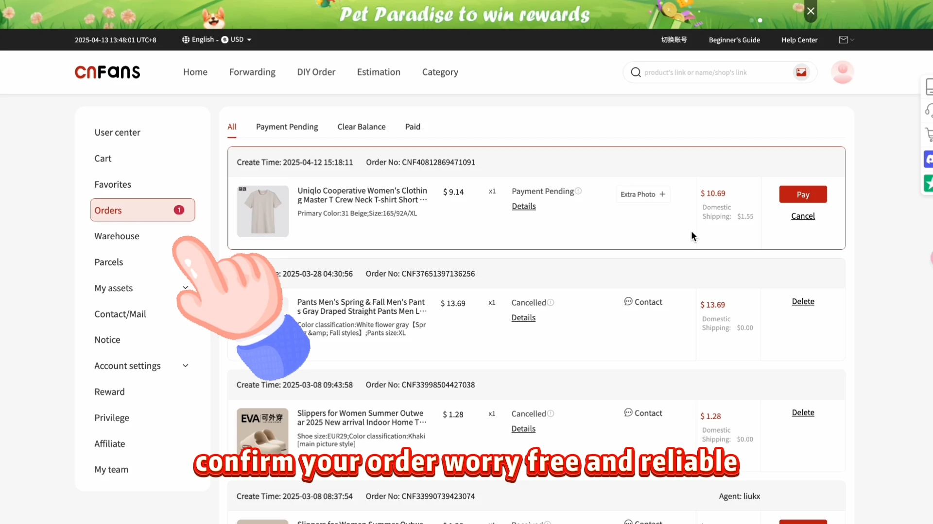 Oficjalny film, 00:55: Orders i lista stanów. Przykłady mają Payment Pending i Cancelled; obraz pokazuje miejsce kontroli, nie zakończony zakup.