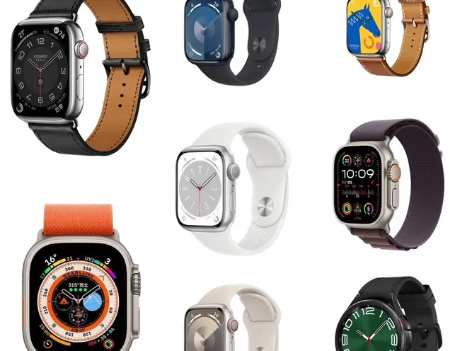 Kolaż smartwatchy z różnymi paskami i tarczami na białym tle.