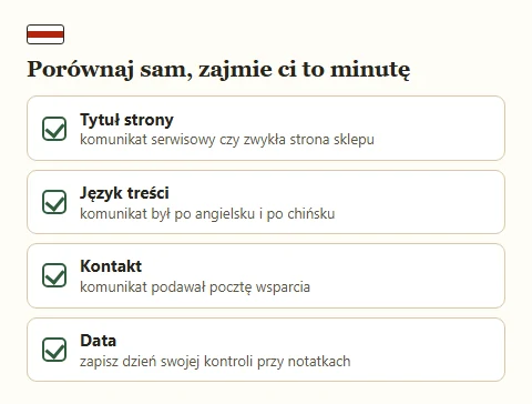 Lista kontrolna z czterema punktami porównania stanu strony operatora.