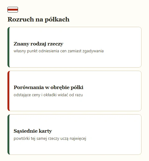 Trzy karty z zasadami pierwszego przeglądania półek katalogu.