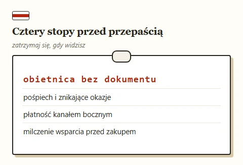 Tabliczka ostrzegawcza z czterema sygnałami przerwania zakupu.