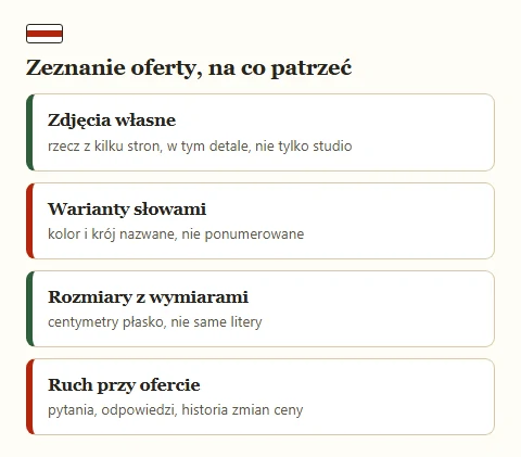 Cztery karty z sygnałami wiarygodności oferty sprzedawcy.