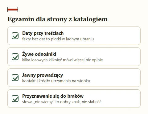 Cztery punkty egzaminu wiarygodności strony z katalogiem znalezisk.