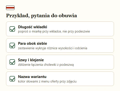 Lista czterech przykładowych pytań kontrolnych do zdjęć obuwia z magazynu.