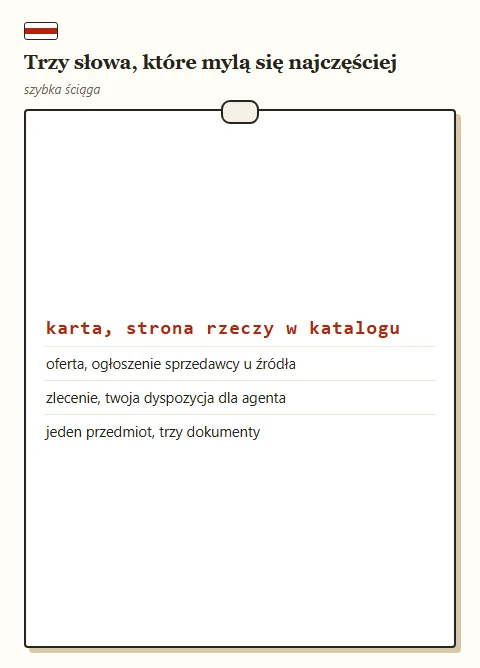 Ściąga rozróżniająca trzy pojęcia: karta, oferta i zlecenie.