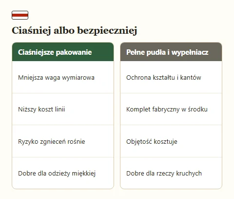 Porównanie dwóch strategii pakowania paczki: ciaśniejszej i ochronnej.