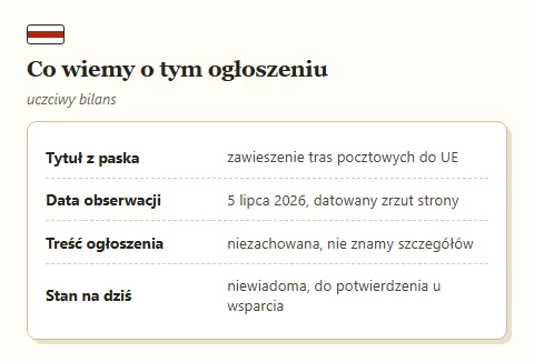 Tabliczka z bilansem wiedzy o ogłoszeniu o trasach pocztowych: tytuł i data znane, treść i stan nieznane.